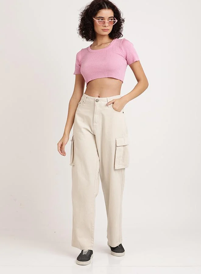Take Two Off White Women Relaxed Fit High-Rise Pure Cotton Cargo Jeans for Women | Best Price UAE